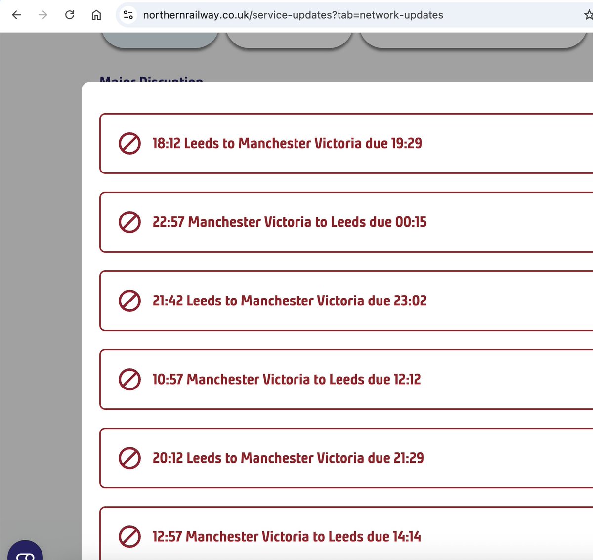 DuckWhistle's tweet photo. @northernassist Looking at your live updates page for Leeds-Manchester, what order are you sorting these trains in? Should I read through all 20+ entries until I find the time I need? https://t.co/ofyk9z9QPQ https://t.co/AZQtheqk3I
