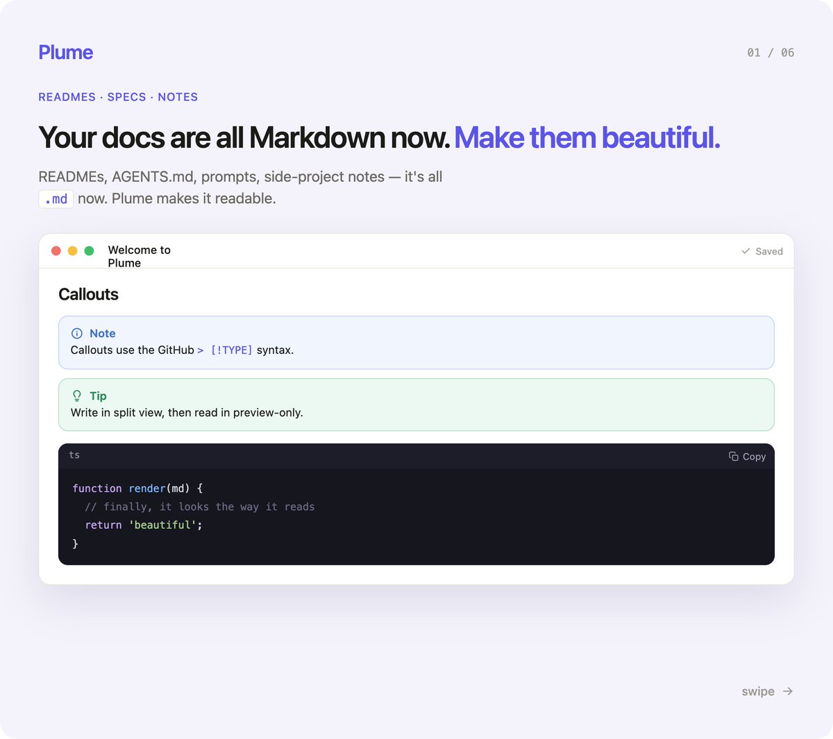 dani__code's tweet photo. Markdown quietly became the format we all live in.

READMEs. AGENTS.md. prompts. notes. specs.

we write everything in it now — but still read it raw.

so I built Plume: drop any .md and it renders properly. callouts, code, math, diagrams, tables.

folders, tags, public share links. no sign-up to read.

started as a tool for myself. now it's free 👇