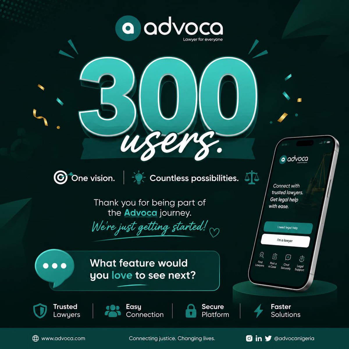 Advocapro's tweet photo. 300 users. One vision. Countless possibilities. ⚖️✨
Thank you for being part of the Advoca journey. We're just getting started!
💬 What feature would you love to see next?
https://t.co/wWwfNnKMnp
#Advoca #300Users #FutureOfLaw https://t.co/BRjtHJtMkR