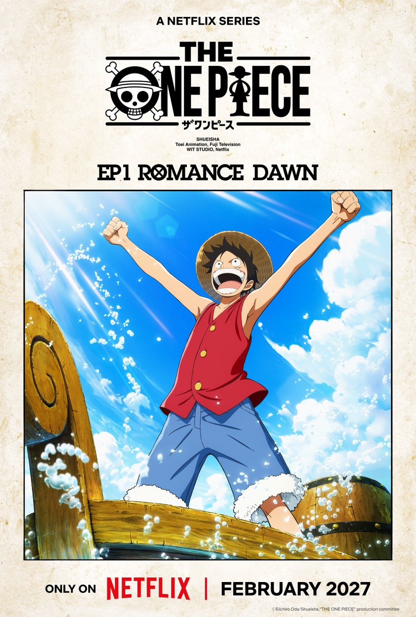 theop_official's tweet photo. ／
   #THEONEPIECE　
    Episode Art -1 Revealed, 
　Entitled “Romance Dawn” 🏴‍☠️
＼
Almost like you can hear the main character Luffy himself. The adventure starts here!

Going forward, episode artwork will be released for each episode throughout the Season1. 🍖

And on 24th June at 3 pm CEST,  the teaser trailer will make its world premiere! 🔥

#Annecy2026