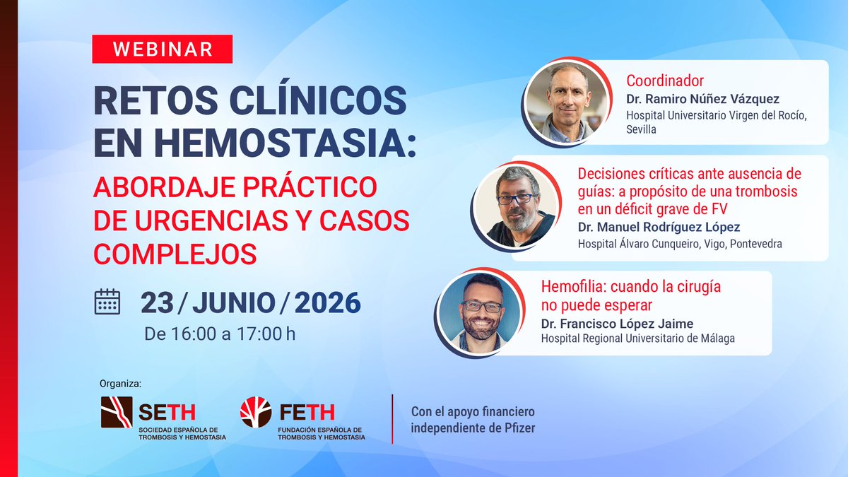 SETH__Oficial's tweet photo. 🩸Hoy abordamos algunos de los escenarios más complejos en #hemostasia: Retos clínicos en hemostasia: abordaje práctico de #urgencias y casos complejos», coordinado por @ramirojosenv, del @HospitalUVRocio, vicepresidente #SETH

⏰Conéctate a las 16:00 h: https://t.co/zNthUr2jw1

Con la colaboración de @pfizer_spain

#SETHemostasia #trombosis #urgencias #cirugía #hemofilia