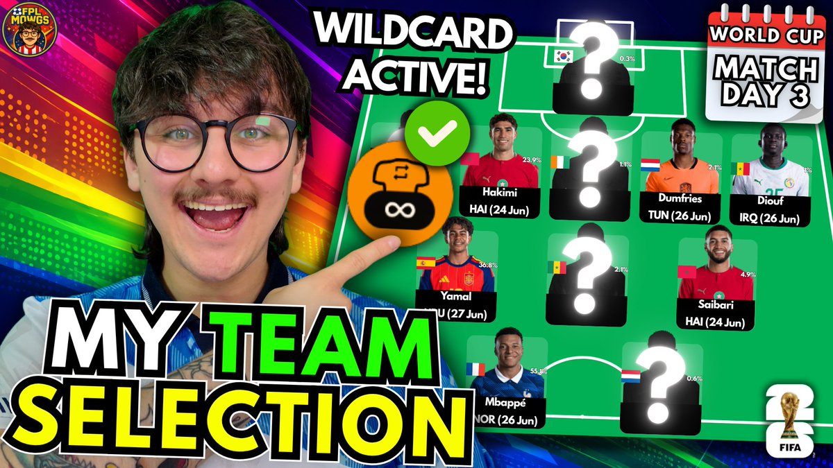 FPLmowgs's tweet photo. 🌍 WORLD CUP FANTASY | MATCHDAY 3 WILDCARD TEAM
Wildcard active♾️
11 Scouting Bonus picks🔍
Full team revealed👇
[https://t.co/sh8WpmIDTc]
#WorldCupFantasy #FIFA2026 #WorldCup2026 https://t.co/mw16bYu9IE