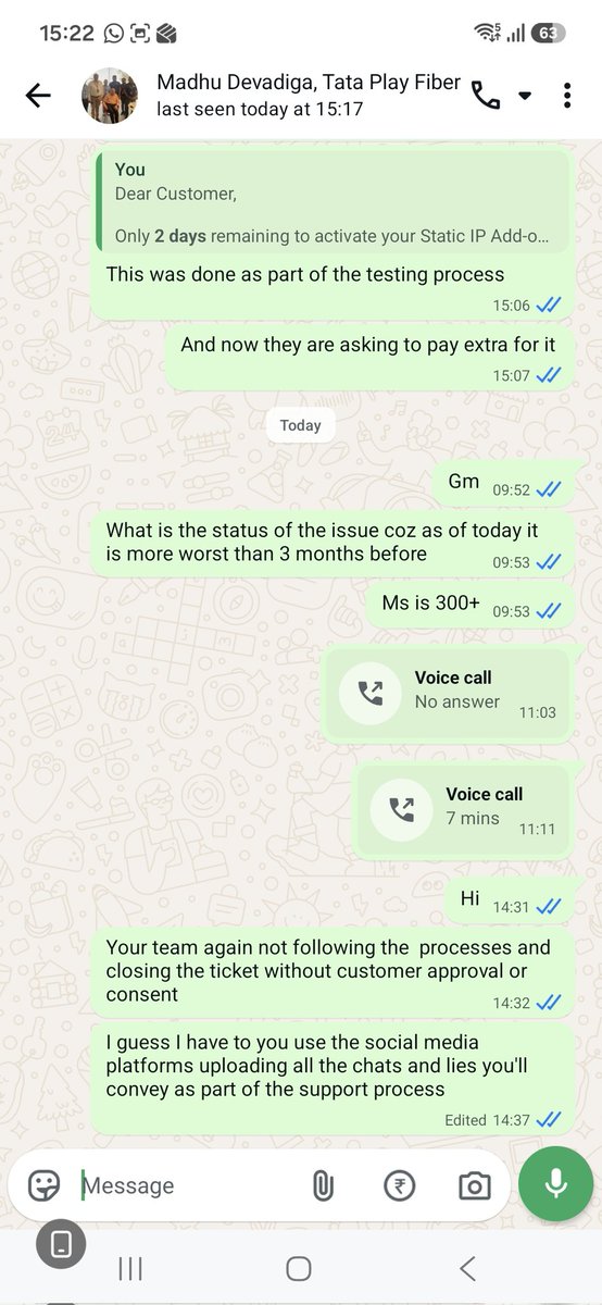 gilroycardoz's tweet photo. The 3+ months aged ticket and Mr. Madhu Devadiga whose has not yet resolved the issue.. but the customer will be charged fully even though the service is not provided https://t.co/QSsYozQ7G1
