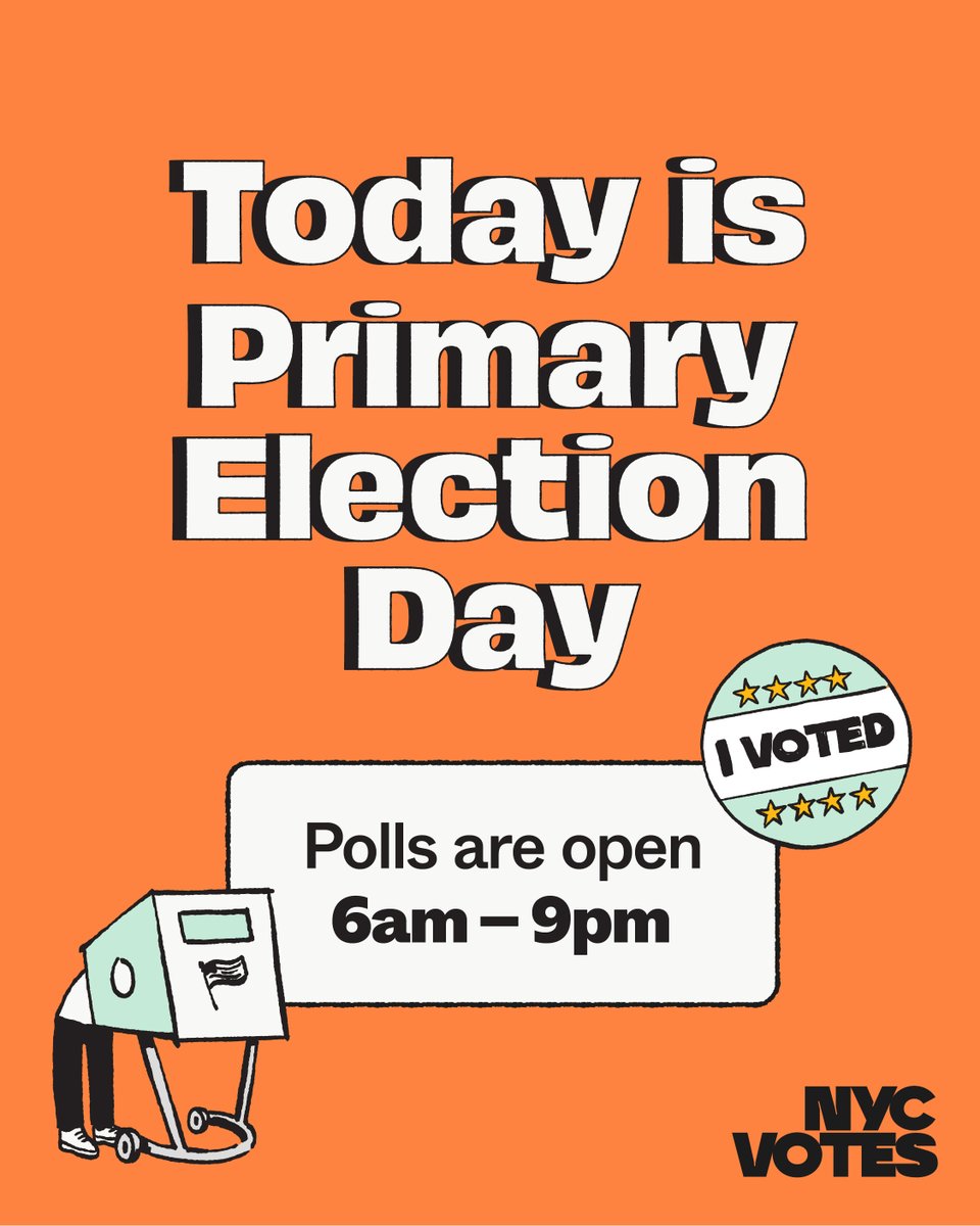 NYCVotes's tweet photo. Happy Primary Election Day, NYC! Polls are OPEN from 6am to 9pm. Vote for New York's State &amp; Federal leaders today. 

Meet the candidates and look up your assigned poll site a https://t.co/UcW7AsYWqI.

If you are on line before polls close, you have the right to vote. https://t.co/7wIuf7bfsa
