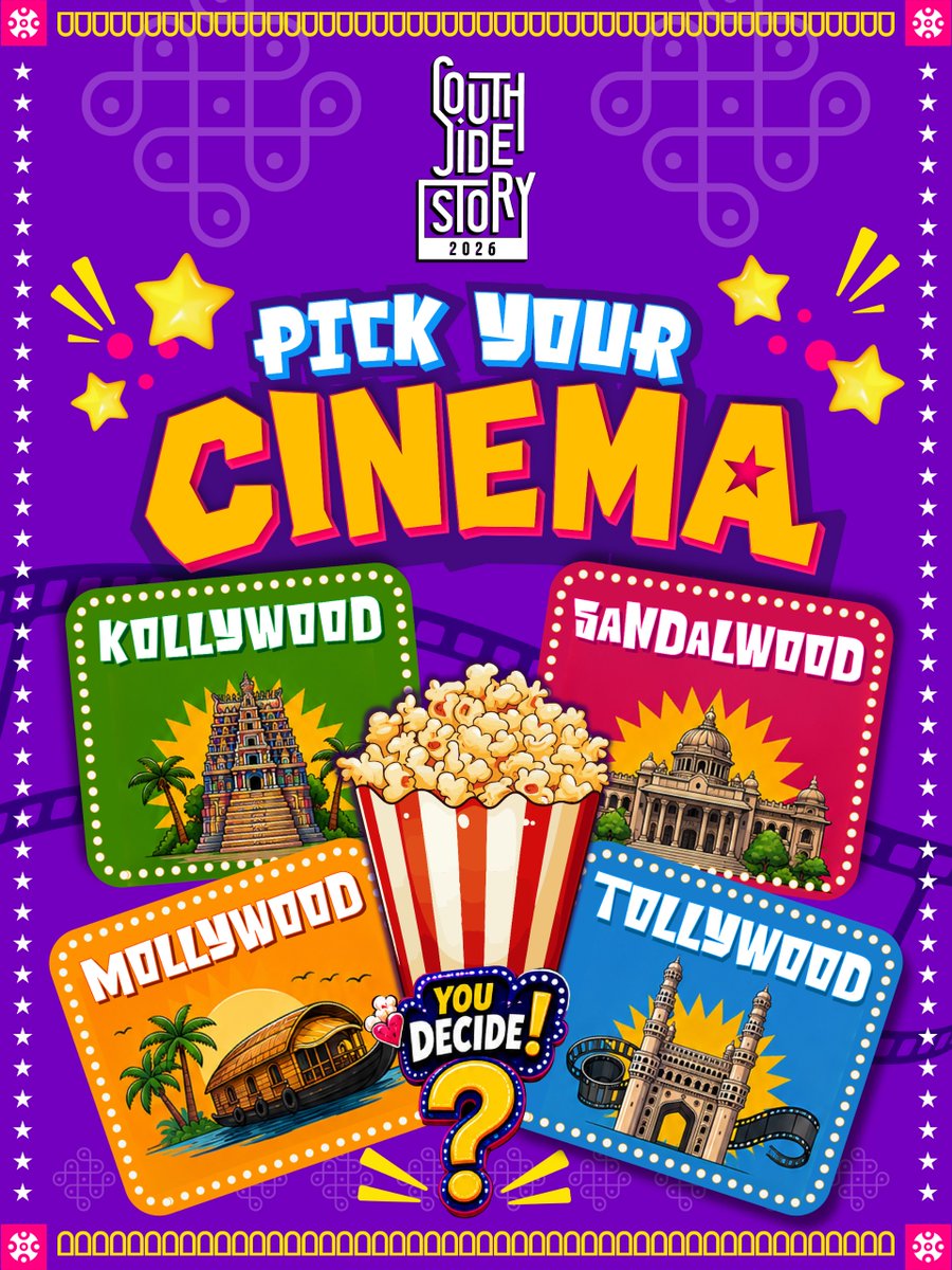 RedFMIndia's tweet photo. Mass. Class. Drama. Goosebumps. 🎬❤️ 

Every South Indian film industry has given us stories, stars and scenes we'll never forget. The only question is… which one has your heart?

Love South Indian cinema? Wait till you experience South Side Story! Book Your Tickets Now!

#SouthSideStory #SSS2026
