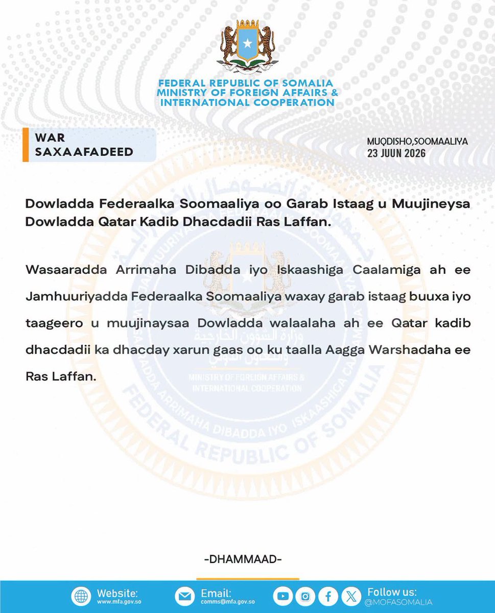 DalsanTv's tweet photo. BREAKING: The Somali Ministry of Foreign Affairs has issued a statement of solidarity with Qatar following an incident at a gas facility in the Ras Laffan Industrial Area. The Federal Government of Somalia expressed its full support for the state during this time.