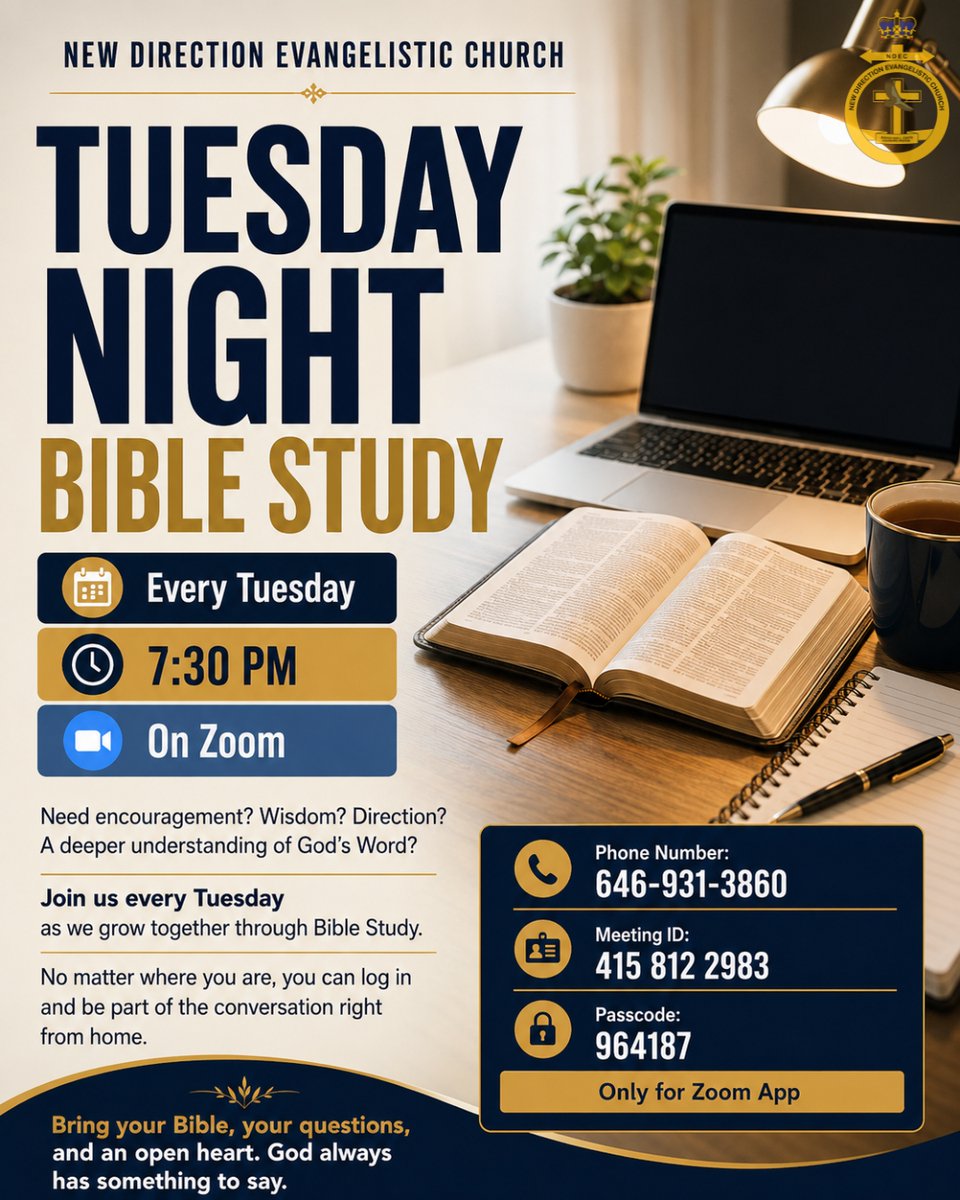 NDEC_9101's tweet photo. 📖 Sometimes the answer you're seeking is waiting in God's Word. Join us tonight for Tuesday Night Bible Study at 7:30 PM on Zoom. Come expecting growth! 🙏🏽✨ #NDEC #BibleStudy https://t.co/xyiLUVDNhi