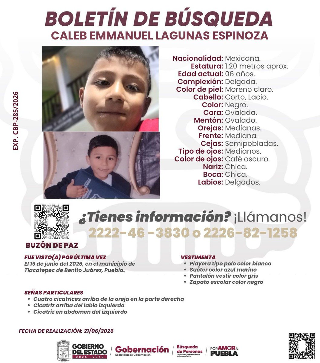 TribunaVigila's tweet photo. #Ayuda para localizar a Caleb Emmanuel Lagunas Espinoza de 06 años, fue visto por última vez en #19deJunio en #Puebla. #Comparte #ServicioSocial #LaVozDeLosPoblanos #SeBusca https://t.co/lQG9OO4YaK