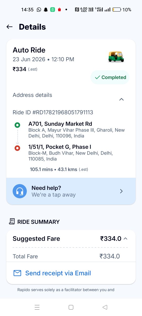 pankajnamdev17's tweet photo. @rapidobikeapp  My estimated fare was ₹334, but the driver showed ₹452 on his phone and I paid it in cash. My ride history still shows ₹334. The driver was polite and I have no complaint against him. Please check the fare mismatch and process my refund. @RapidoCares https://t.co/dfiBaFVF2F