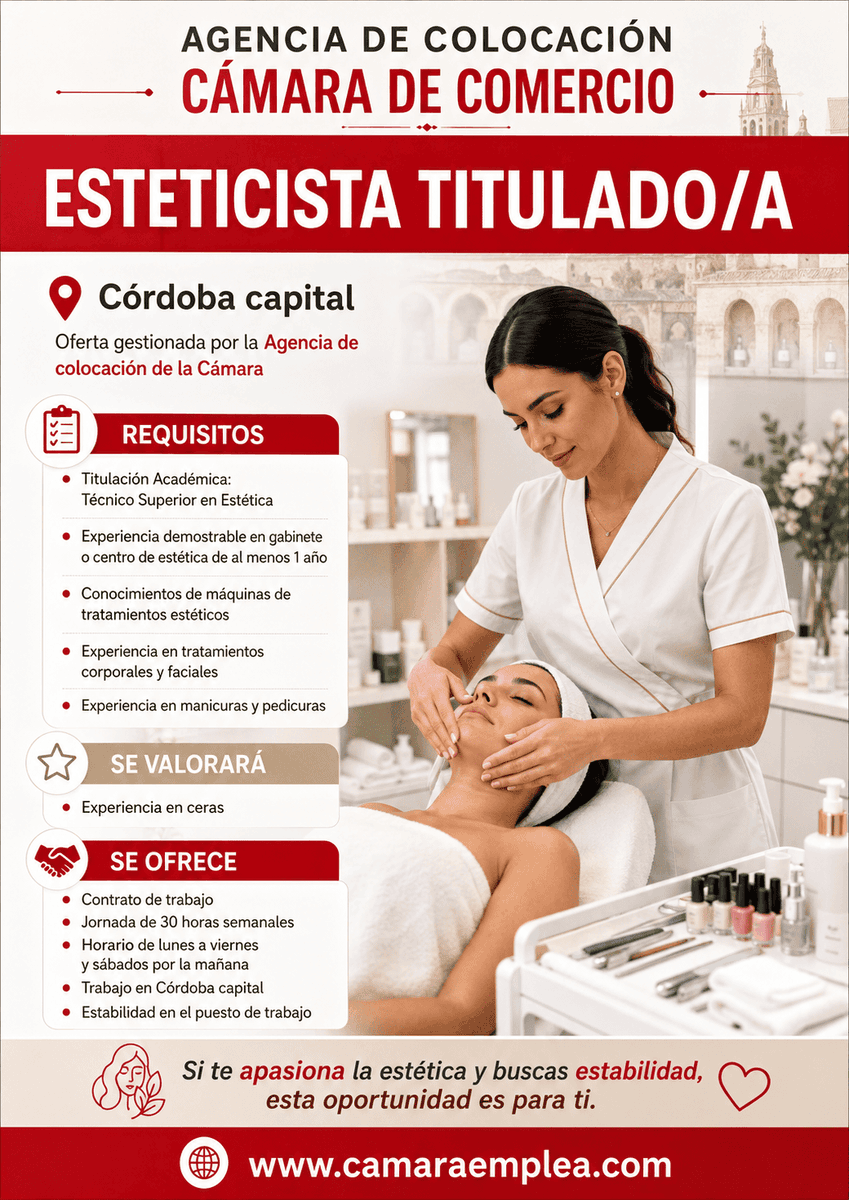camaraemplea's tweet photo. Camara Emplea: Nueva oferta de trabajo ESTETICISTA en Córdoba> https://t.co/0gHXYoTqtc #camaraemplea #cordobaesp https://t.co/0c9JsFKCv3