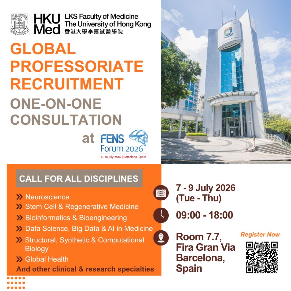 hkumed's tweet photo. Come meet us at the Federation of European Neuroscience Societies (FENS) Forum 2026 to learn about professoriate recruitment at HKUMed.
 
To learn more: https://t.co/zg7PHvfndS

Register: https://t.co/laTNR5rGtI https://t.co/iYLPjUmmCb