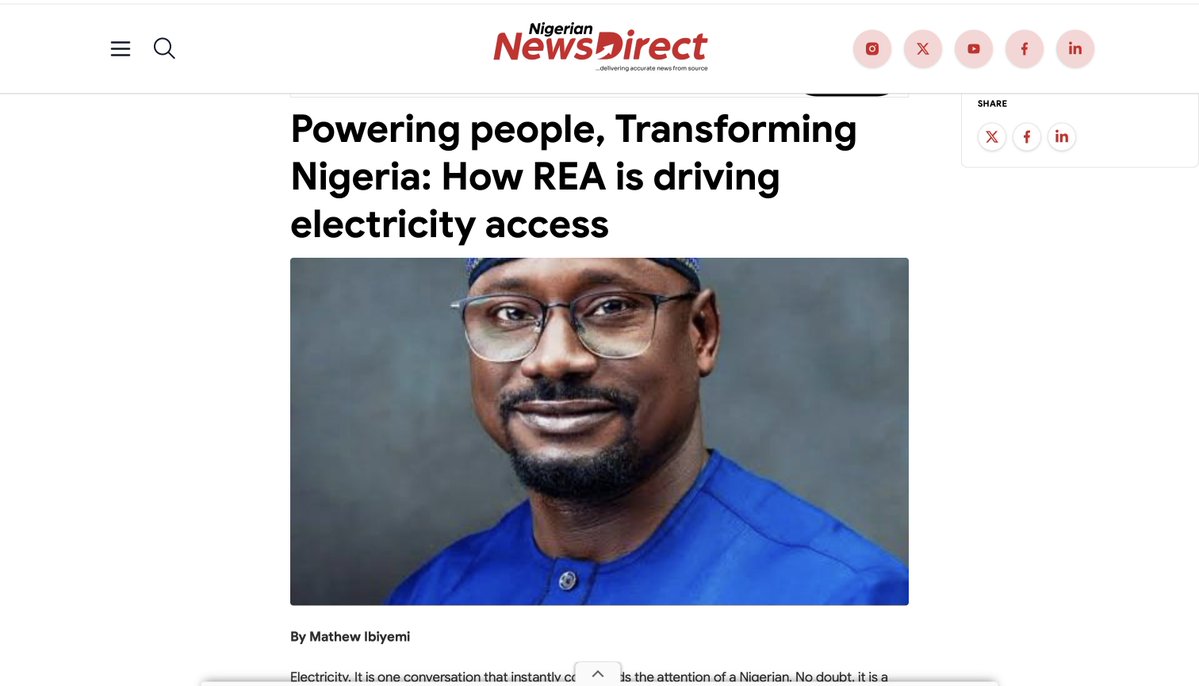 abbaaliyu_'s tweet photo. I am grateful for the recognition, but the real story is not about any individual. It is about the thousands of communities, businesses, schools, and healthcare facilities whose lives are being transformed through access to reliable electricity.

I encourage everyone to take a moment to read these articles and learn more about the work the Rural Electrification Agency is doing under President Bola Ahmed Tinubu's Renewed Hope Agenda. 

Across the country, public institutions are working every day to deliver measurable impact, and I believe Nigerians should have confidence that meaningful progress is possible when vision, commitment, and execution come together.

The work continues.

#RenewedHopeAgenda #EnergyAccess #RuralElectrification #PoweringNigeria #PublicService #Impact #REA #abbaaliyu 

Links:
https://t.co/nrzIJ7MWal
YATS DG Commends REA Managing Director for Advancing the Renewed Hope Agenda https://t.co/DvgFSf1t2J
https://t.co/RGkknIQFWW