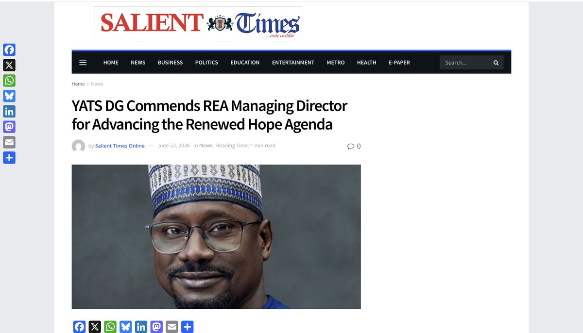 abbaaliyu_'s tweet photo. I am grateful for the recognition, but the real story is not about any individual. It is about the thousands of communities, businesses, schools, and healthcare facilities whose lives are being transformed through access to reliable electricity.

I encourage everyone to take a moment to read these articles and learn more about the work the Rural Electrification Agency is doing under President Bola Ahmed Tinubu's Renewed Hope Agenda. 

Across the country, public institutions are working every day to deliver measurable impact, and I believe Nigerians should have confidence that meaningful progress is possible when vision, commitment, and execution come together.

The work continues.

#RenewedHopeAgenda #EnergyAccess #RuralElectrification #PoweringNigeria #PublicService #Impact #REA #abbaaliyu 

Links:
https://t.co/nrzIJ7MWal
YATS DG Commends REA Managing Director for Advancing the Renewed Hope Agenda https://t.co/DvgFSf1t2J
https://t.co/RGkknIQFWW