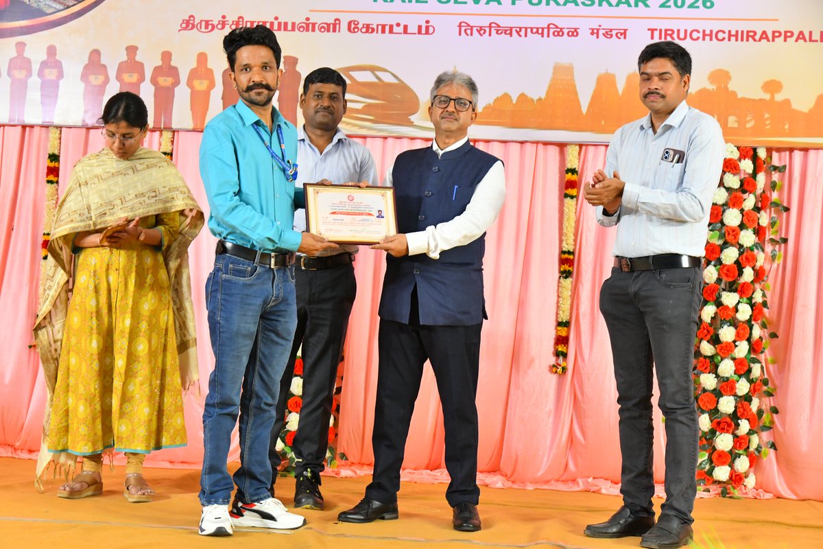 DRMTPJ's tweet photo. A memorable celebration of excellence at the 71st Railway Week Celebrations and Rail Seva Puraskar Awards 2026, held at Rail Mahal, Tiruchchirappalli on 22.06.2026, in the presence of Shri Balak Ram Negi, DRM/TPJ, Smt. Sonalika Negi, President/SRWWO/TPJ and BOs. (1/4) https://t.co/zKiVFcoMoq