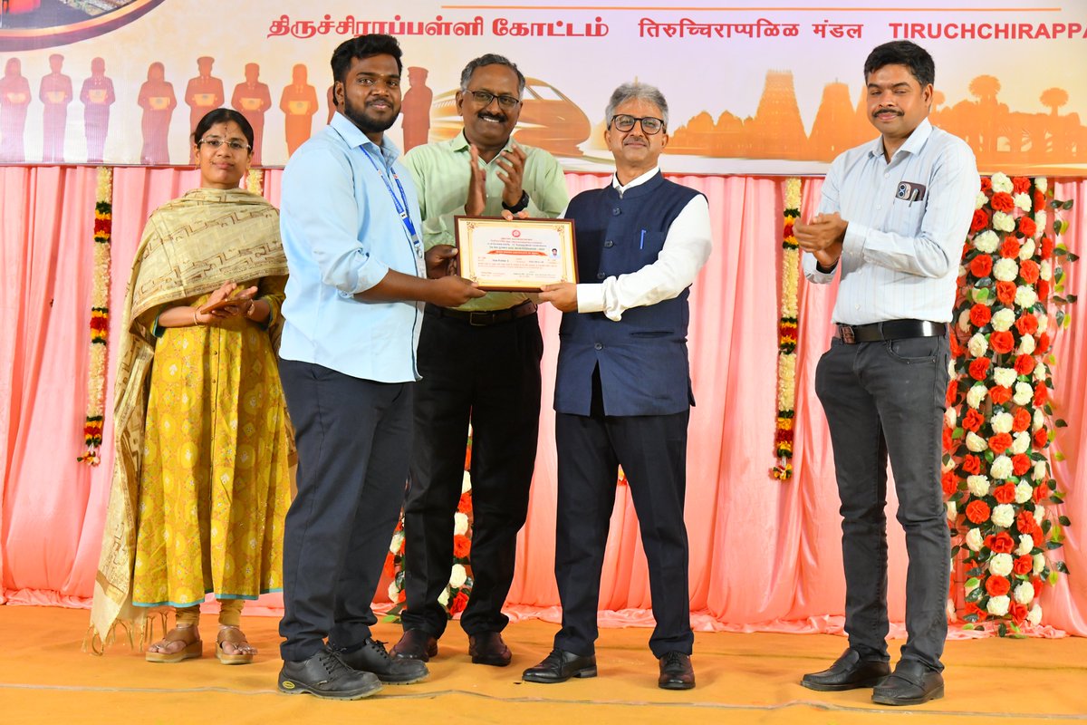 DRMTPJ's tweet photo. A memorable celebration of excellence at the 71st Railway Week Celebrations and Rail Seva Puraskar Awards 2026, held at Rail Mahal, Tiruchchirappalli on 22.06.2026, in the presence of Shri Balak Ram Negi, DRM/TPJ, Smt. Sonalika Negi, President/SRWWO/TPJ and BOs. (1/4) https://t.co/zKiVFcoMoq