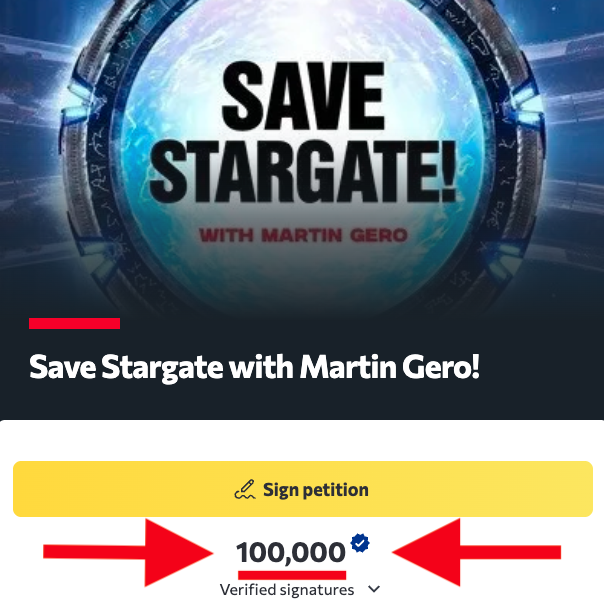 Undoomed's tweet photo. 🚨IT'S OFFICIAL! 100,000 signatures🚨

A HUNDRED THOUSAND people took the time to go to a site, sign their name and verify it... all to make it crystal clear to Amazon MGM that we want Martin Gero's Stargate. And we want it NOW! 

Continue signing: 👇
https://t.co/saelY9OLyT

Let's make it 200,000 next!

And don't forget the tweetstorm tomorrow:
📅Wednesday
🕙 10–11 AM PT 
🕙 1–2 PM ET 
🕙 6 PM UK
🕙 7 PM France

Use the #SaveStargate hashtag, and tag @AmazonMGMStudio and @PrimeVideo in all tweets.