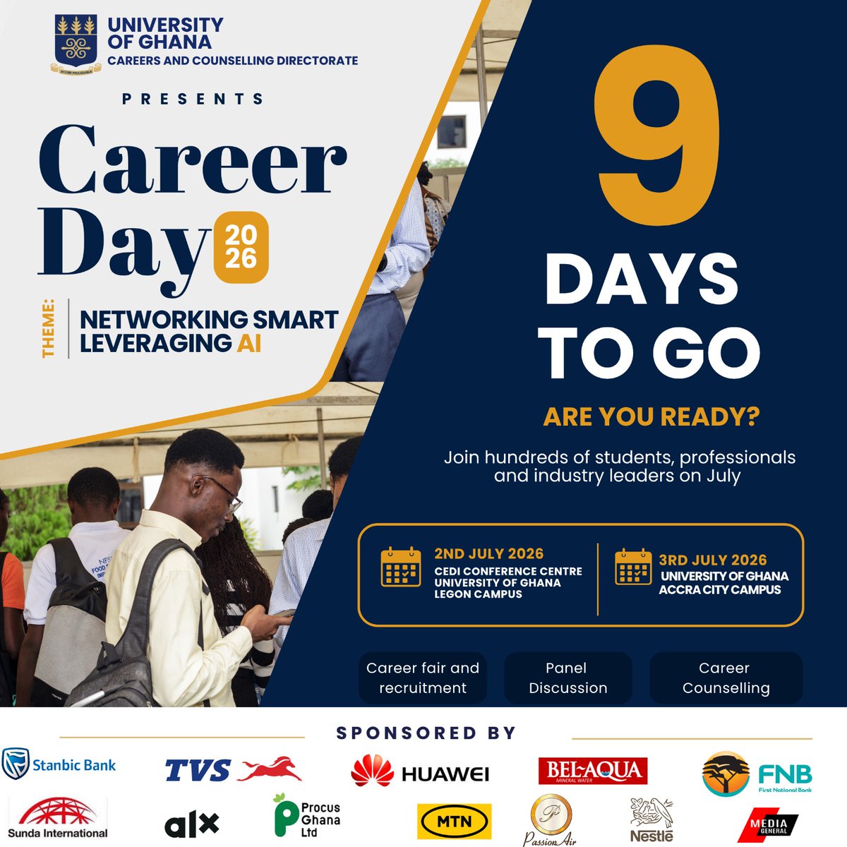 UGCCC2's tweet photo. Single digits officially begin! 🔥 
9 days until UG Career Day 2026
The countdown is getting exciting.

Join this group for updates https://t.co/NP8mOQSiYy
#UGCareerDay2026 #9DaysLeft #NetworkingSmart #LeveragingAI #UGEvents #career #NetworkingSmartLeveragingAI #CareerFair #UG https://t.co/JViluh5q5l