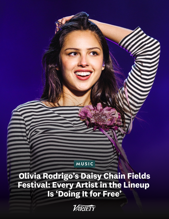 Variety's tweet photo. Olivia Rodrigo's all-women music festival, Daisy Chain Fields, is donating 100% of its proceeds to charity. Every artist in the lineup is also performing for free.

"All the incredible artists who are on the bill are doing it for free for  charity, which is just a real testament to their hearts as well as the  talent," Rodrigo says. 

The lineup includes Chappell Roan, Doechii, Katseye, Mitski, the Breeders,  Die Spitz, Bikini Kill, Eli, Garbage, Quiet Light, Rachel Chinouriri and  Not for Radio. Rodrigo herself will also perform, of course.

https://t.co/MmQwsBxkh7
