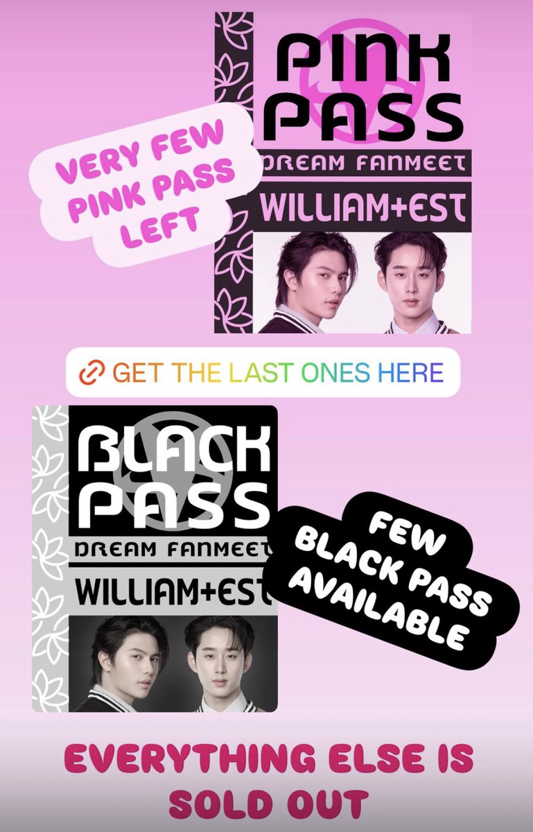 JusInBelloCon's tweet photo. 🩷WILLIAM&amp;EST JIB DREAM FANMEET 9🩷 UPDATES

Only very few 🩷Pink Pass left and few 🖤 Black Pass still available

🔗 You can get yours here:
https://t.co/gFbTipvPbU

EVERYTHING ELSE IS SOLD OUT 🙏🏻

#JIBDreamFanmeet9 #WilliamEst #WilliamEst2ndFMinRome https://t.co/2ADfu1tONT