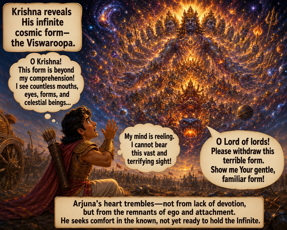 hari0710's tweet photo. Arjuna’s fear before Krishna’s Viswaroopa reveals a profound truth: surrender is not a moment, but a journey.

Though he sought refuge in Krishna, traces of aham (ego) and mama (attachment) remained. https://t.co/XpeZm4qqih