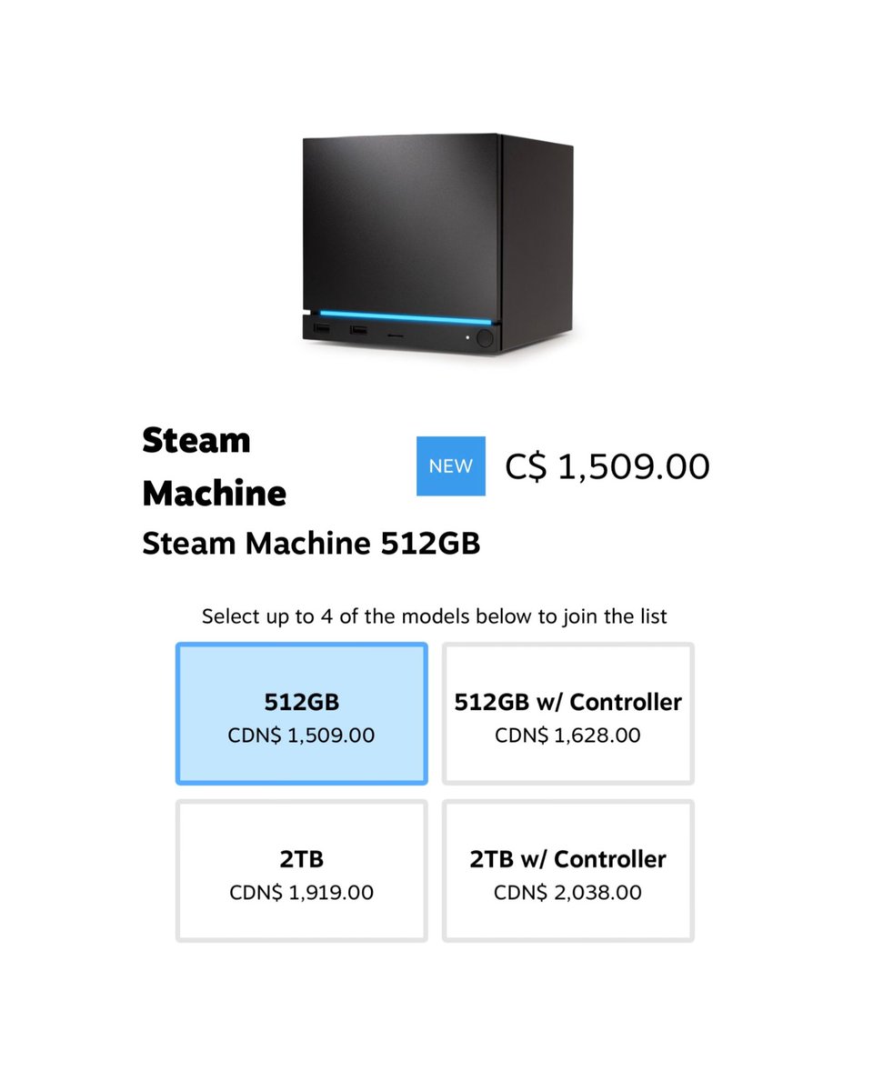 6ixbuzztv's tweet photo. Valve’s new Steam Machine is now available for order and the base model costs $1,509 CAD 👀

Would you purchase this? https://t.co/yPqtyWS5MI