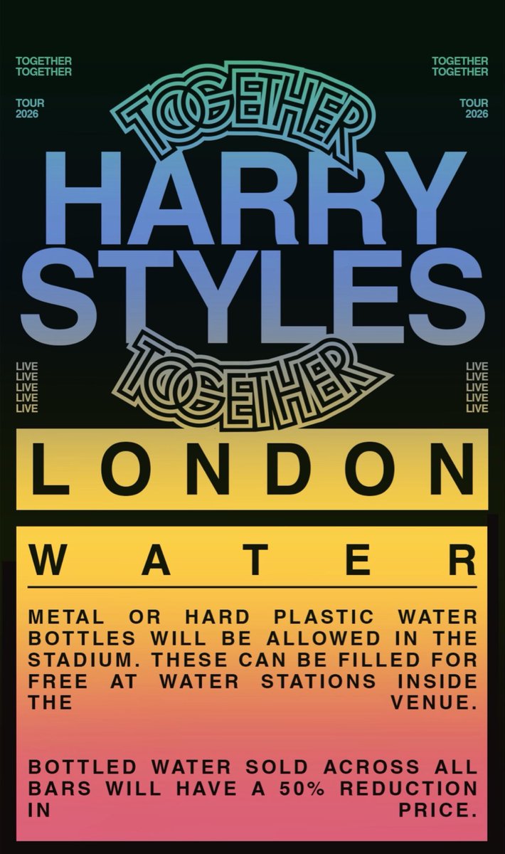 hstbrasil's tweet photo. 🚨 Devido às altas temperaturas previstas em Londres, o Estádio de Wembley e a equipe do Harry adotaram medidas para garantir mais conforto ao público:

— permitida a entrada com garrafa de água para reabastecimento gratuito
— protetor solar grátis
— águas para comprar estarão com 50% de desconto