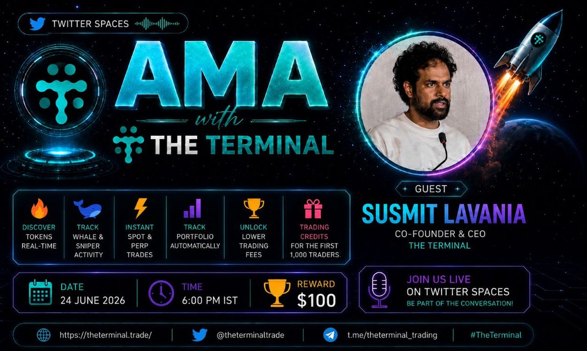 CryptomoonTW's tweet photo. Join us Our special next #Twitter_Space_AMA With @_TheTerminal_

🕰️ 24th June 2026 at : 6:00 PM IST
 
👑 Reward : $100 #USDT

Venue:https://t.co/45TiGey2eI

1⃣ Follow :
https://t.co/VETX08mQfz
 &amp;
@_TheTerminal_
2️⃣ Like Retweet and Comment your Question✅ https://t.co/SbJZVGSoed