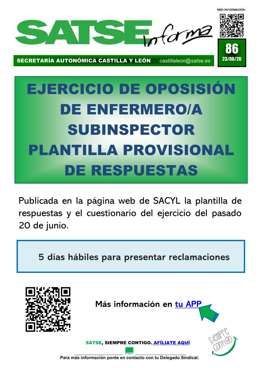 SATSE_CyL's tweet photo. 👀OPE ENFERMERA SUBINSPECTOR👀
📝 La página web de Sacyl publica la plantilla de respuestas y el cuestionario del ejercicio que se realizó el pasado sábado 20 de junio para la oposición de enfermera subinspector. 
ℹ️ 👇
https://t.co/oFvbOOP4HV
💚 Avanzamos contigo. https://t.co/zBdlUSuVdN