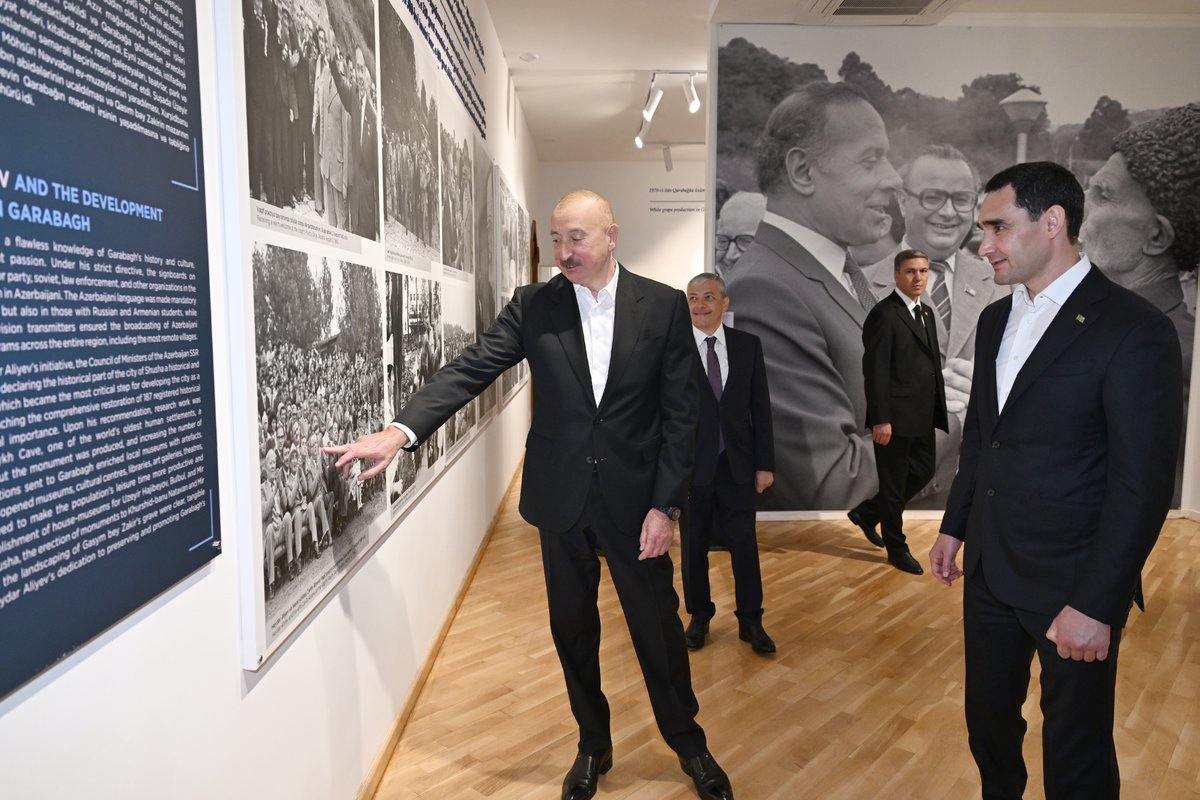 azpresident's tweet photo. Azərbaycan və Türkmənistan prezidentləri Şuşada Heydər Əliyev Fondu tərəfindən bərpa edilən Yaradıcılıq Mərkəzində “Heydər Əliyev və Qarabağ” sərgisi ilə tanış olublar. https://t.co/g2mBDBopvQ