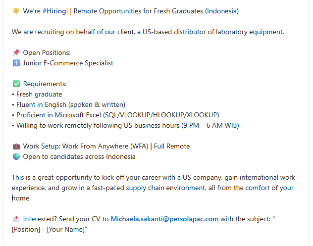 Applyajadulu's tweet photo. 🚨HIRING REMOTE
Fresh Graduate yang mau kerja remote boleh coba apply lowker berikut ya. 
Siap-siap aja begadang karna shiftnya ngikutin waktu US. :DD

Sebelum apply, pastikan CV mu sudah on point ya ✅ https://t.co/f9VsmlpD66