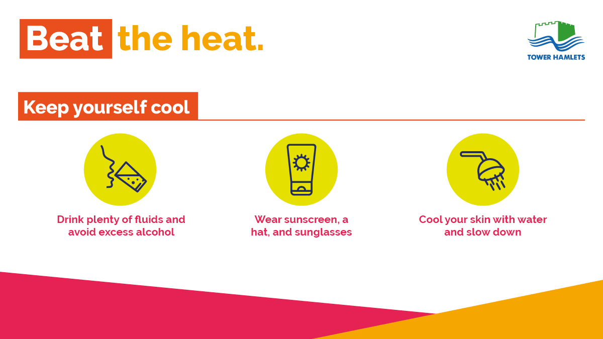 TowerHamletsNow's tweet photo. ☀️ Temperatures are steadily increasing from today until Thursday.

Stay cool by:

🪟 closing windows and curtains

🚰 drinking plenty of fluids

 👨‍👩‍👧‍👦 checking on family, friends &amp; neighbours who are may be more vulnerable

More tips: https://t.co/LIq9KzOXmh https://t.co/DkDCzC6BCb