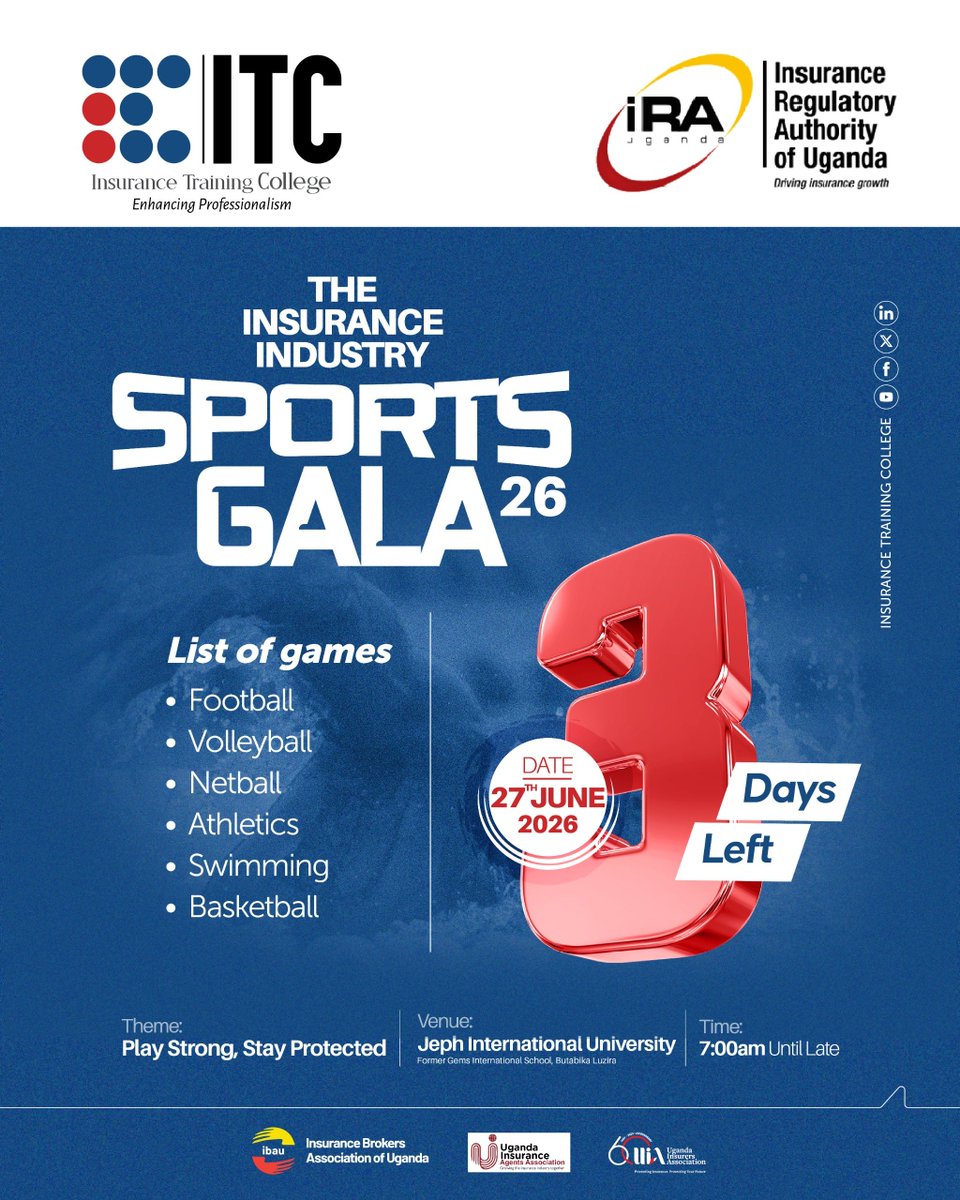 IraUganda's tweet photo. The 2026 Insurance Industry Sports Gala is up on us. 
How prepared is your team? 
#DrivingInsuranceGrowth #BeInsured https://t.co/2qu0zzyAKS