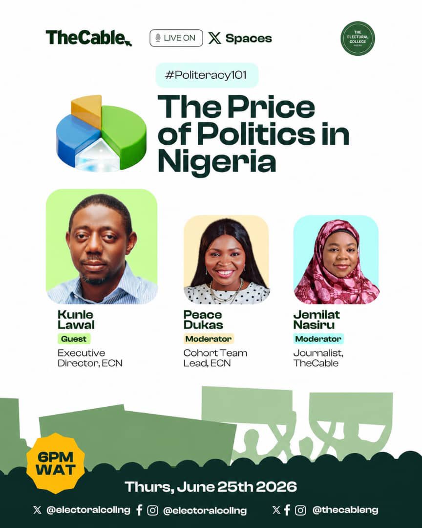 thecableng's tweet photo. Politics carries a year-round cost that is reflected in public budgets, government institutions, and the machinery of governance that operates long after votes have been cast. 

Understanding that cost is essential to understanding how public resources are allocated, how priorities are set, and how government serves citizens.

Join us at 6pm on Thursday for this week’s episode of #Politeracy101, as @kunlelawal of @electoralcollng speaks on what it takes to win power and sustain it in Nigeria. 

https://t.co/j9RXFMaKLm