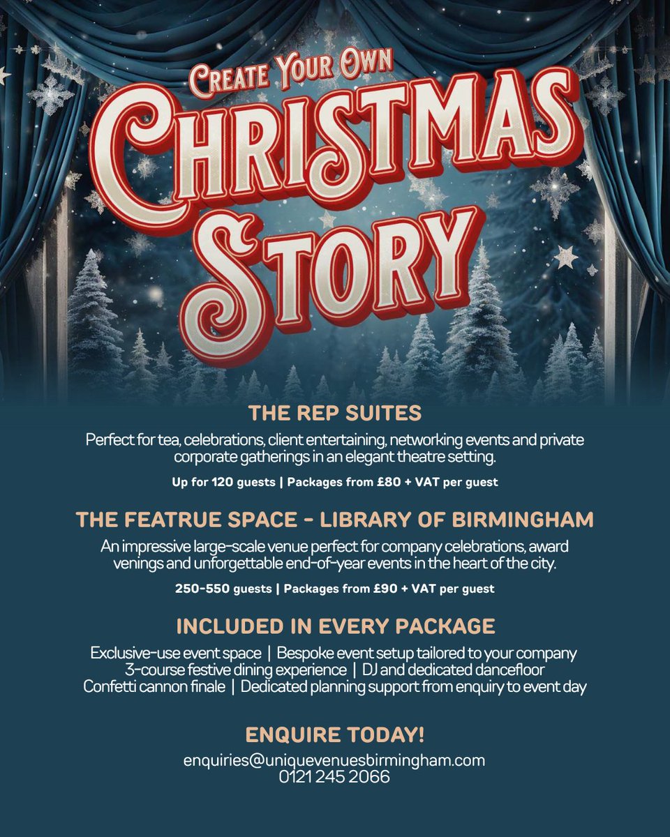 uvbirmingham's tweet photo. This year, write your own Christmas Story at UVB! ✏️📖

From dramatic theatre settings to city-centre spaces, our ‘Create Your Own Christmas Story’ parties let you design a festive event that reflects your team &amp; vision.

Start your Christmas story: https://t.co/o8vhTA2W7I https://t.co/IwUKSDUJU9
