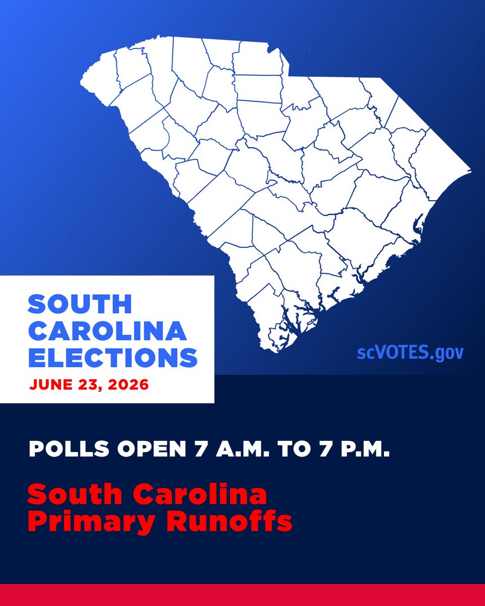scvotes's tweet photo. #SouthCarolina: Primary Runoff #ElectionDay is here.

Polls are open from 7 a.m. to 7 p.m., and if you’re in line by 7 p.m., you can still vote. Before heading out, make sure you know your polling place. #scVOTES https://t.co/5UCUuTi17k