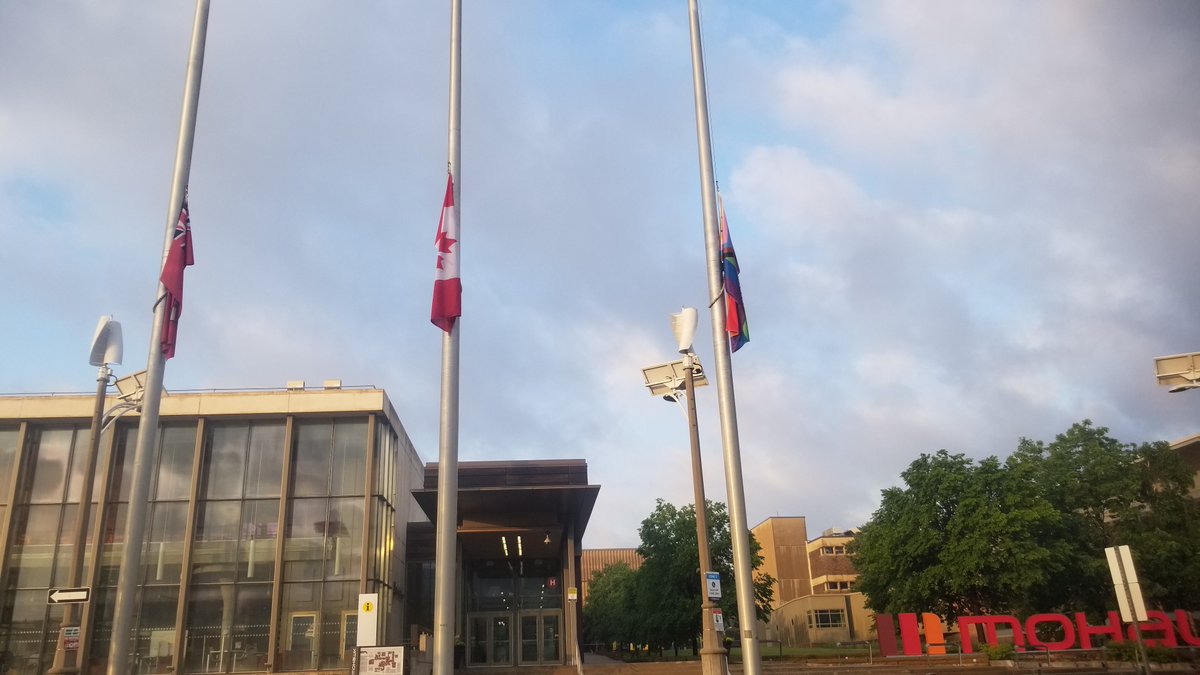 Mohawk_Security's tweet photo. Today, the flags at Fennell and Stoney Creek Campuses are being flown at half-mast to mark the National Day of Remembrance for Victims of Terrorism. https://t.co/EXUoUx3vhy