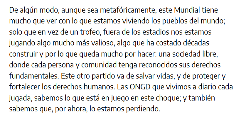 CoordiONGD's tweet photo. Alto y claro ⤵️

Lo que se juega más allá del Mundial

🖊️ @ONGDeuskadi 

➡️https://t.co/7y0N0LU0cU 
Cooperar #EsLoNormal https://t.co/WTMMH1kCC0