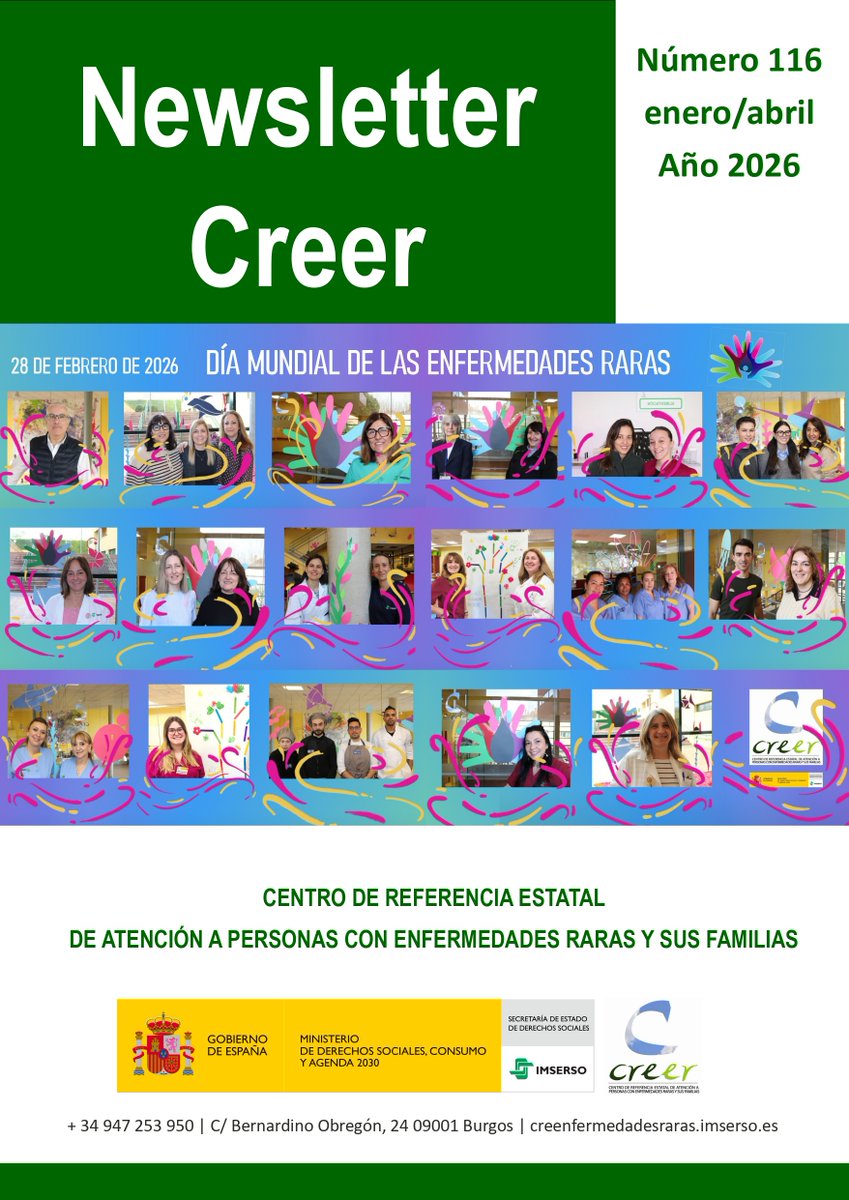CentroCREER's tweet photo. 🗞️ Nº 116 de la #NewsletterCREER de @CentroCREER @Imserso 
🗓️ enero-abril de 2026 
ℹ️ Información sobre #EnfermedadesRaras disponible en nuestra página web 

#NodejesdeleER 👇
https://t.co/EjAfe1GJfd https://t.co/phh1nE0YZ1