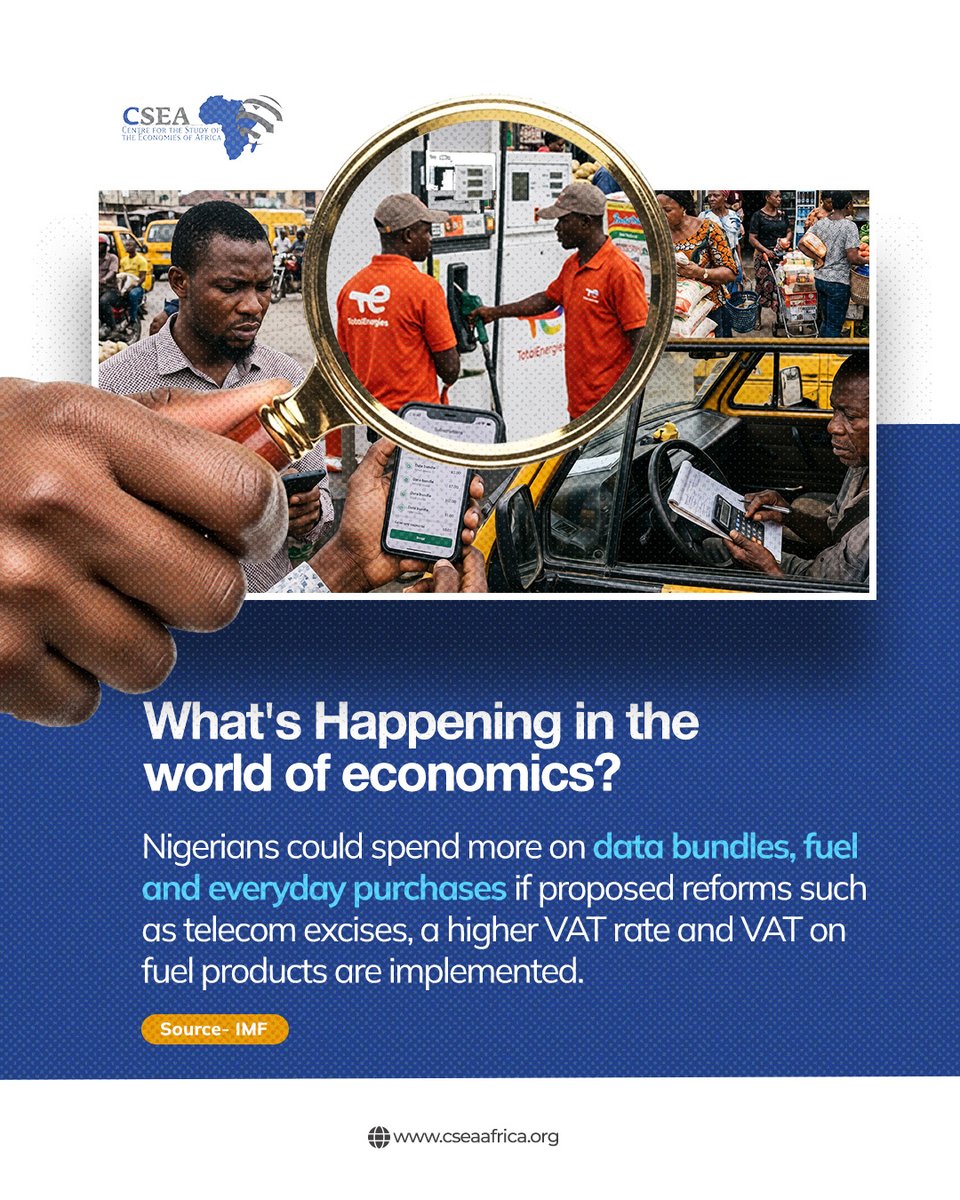 csea_afric's tweet photo. The IMF has advised Nigeria to consider additional tax reforms to strengthen government revenue and support fiscal sustainability. Measures highlighted  include increasing the VAT rate, extending VAT to fuel products, and introducing excise taxes on telecommunication services. However, the IMF stresses that reforms should consider Nigeria's poverty and food insecurity situation and be accompanied by a well-funded cash transfer system to support vulnerable households.

How do you think these proposed tax changes could affect households and businesses in 
Nigeria?

Read more here: https://t.co/Nmd9hHKkd7

#IMF #cseaafrica #VAT #taxrefor