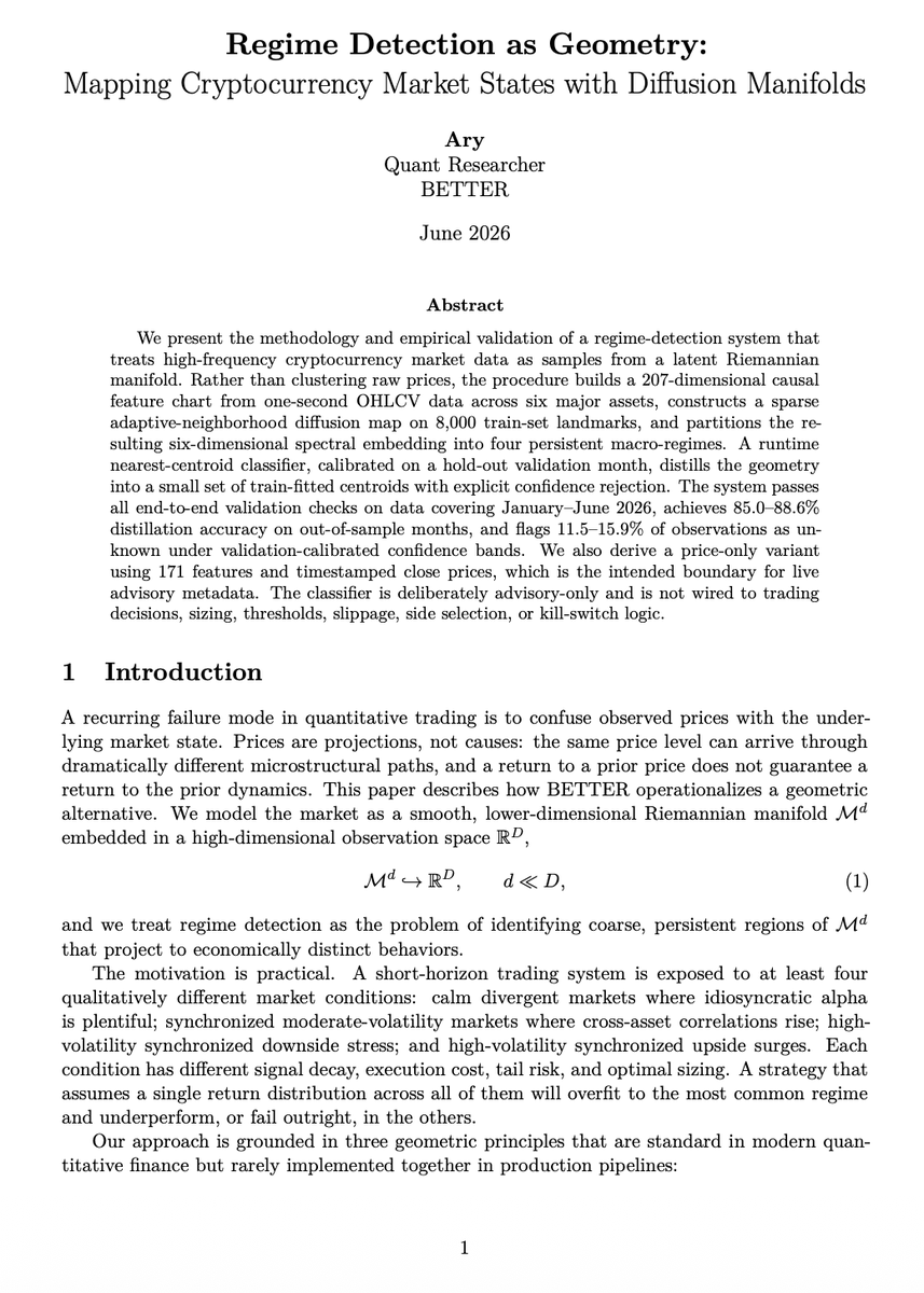 explosivesox's tweet photo. New paper from me for @tradebetterapp 
                                                                                                                                                                                                                                                                                        Spot crypto prices are shadows: lossy. The terrain underneath is the lossless information you need to trade.

Mapped 89.7 million one second ticks to create a 6 dimensional diffusion manifold. $BETTER regime detection. $BETTER yields. Vaults arriving light speed.