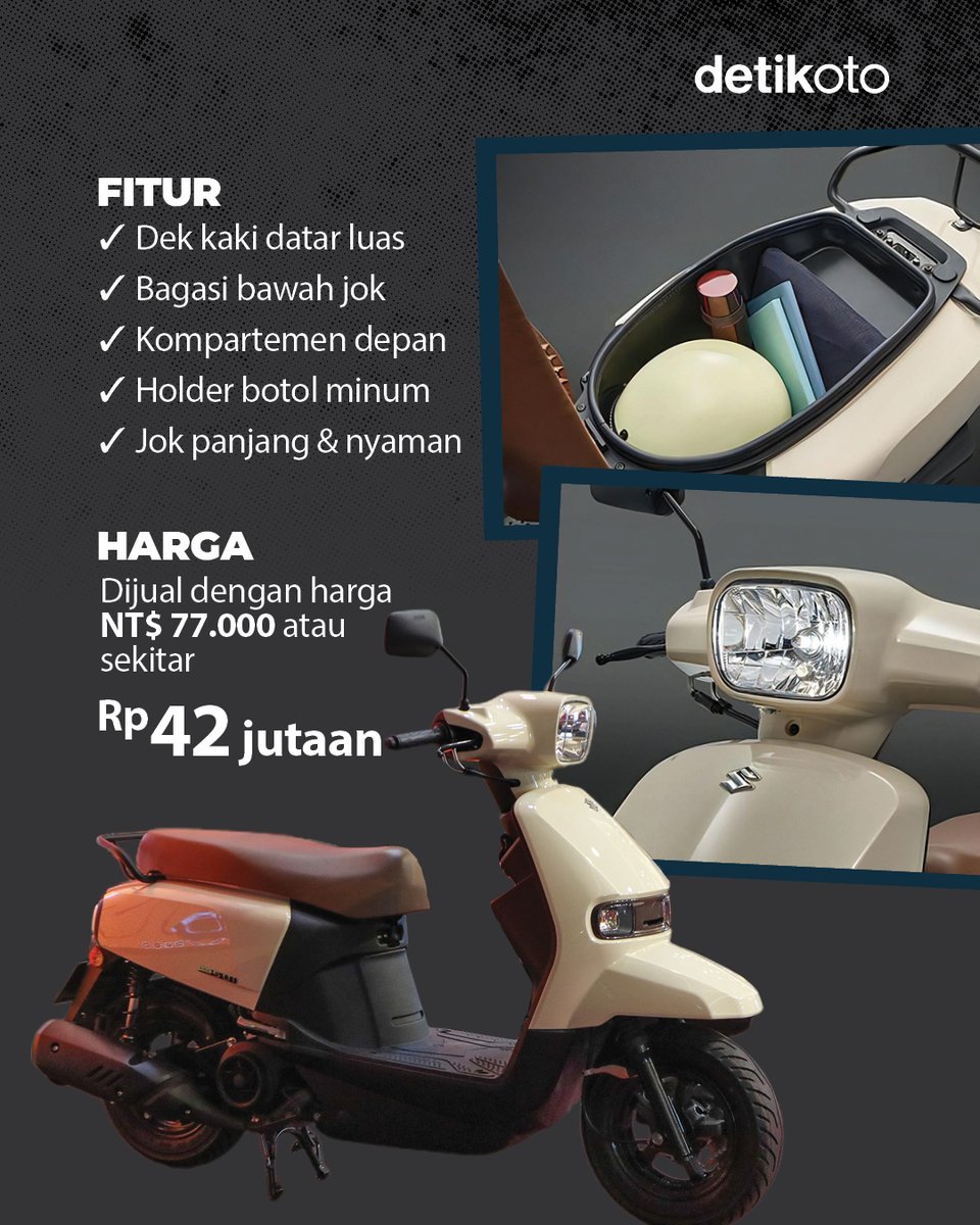 detikoto's tweet photo. Produsen roda dua asal Jepang, Suzuki, resmi meluncurkan skuter matik retro terbaru untuk konsumen di Taiwan, bernama Suzuki Sui yang mesinnya dikenal irit bahan bakar! 🛵⛽️

Tertarik beli kalau dipasarkan Indonesia, detikers? 🤔

#detikOto #Suzuki https://t.co/7jhspcskQl