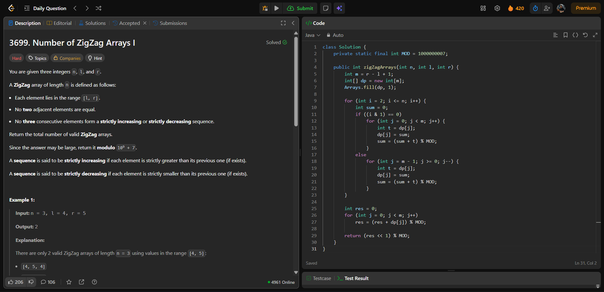 amanhaidry's tweet photo. 🗓️Day-335 of #365DaysOfCode 🎯

✅ @geeksforgeeks
#POTD: Maximum Number of People Defeated

✅ @LeetCode
#DCC: Number of ZigZag Arrays I

#365DaysOfDSA #geeksforgeeks #gfg #leetcode #365DaysOfcoding #Java #DataStructuresAndAlgorithms #DSA #ProblemSolving #CodingJourney https://t.co/QPccZOxh3F