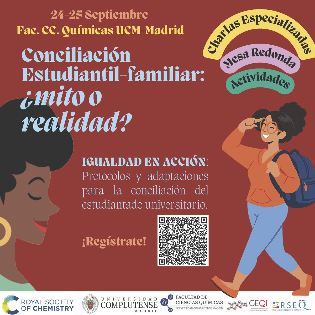 quimicasUCM's tweet photo. ¿Conciliación estudiantil-familiar: mito o realidad? 🤔 Únete a las jornadas "Igualdad en acción" en  @quimicasUCM. Charlas, mesas redondas y actividades presenciales u online con certificado.
📅 24-25 Septiembre
📍 Fac. CC. Químicas UCM
✍️ ¡Regístrate ya! https://t.co/QU3QXAPxWr https://t.co/pjbbBa3DXn