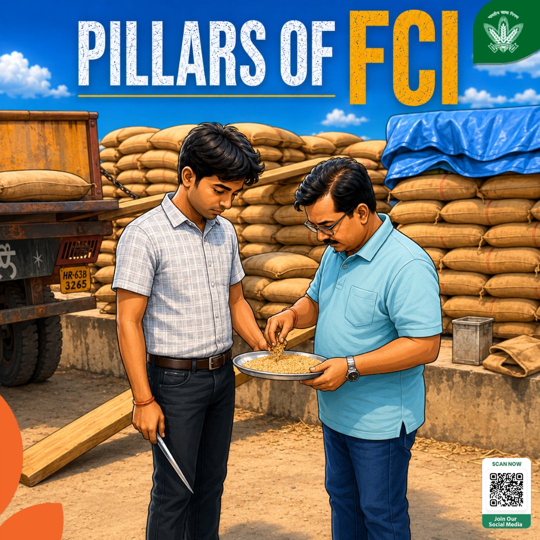FCI_India's tweet photo. यह सिर्फ एक तस्वीर नहीं, बल्कि गुणवत्ता, जिम्मेदारी और भरोसे की पहचान है।🌾 

यहाँ FCI अधिकारी खाद्यान्न के नमूनों की जांच कर उसके दाने, नमी, स्वच्छता एवं निर्धारित गुणवत्ता मानकों का सूक्ष्म निरीक्षण कर रहे हैं, ताकि भंडारण एवं सार्वजनिक वितरण प्रणाली के लिए उच्च गुणवत्ता वाले खाद्यान्न की उपलब्धता सुनिश्चित की जा सके। 🔍📋
हर नमूने के पीछे छिपी है सतर्कता, विशेषज्ञता और करोड़ों लोगों के भरोसे को बनाए रखने की प्रतिबद्धता। 🇮🇳🍚

यही समर्पण बनाता है इन्हें — Pillars of FCI 🙌🌾

@mygovindia @fooddeptgoi @PIB_India @JoshiPralhad
@Nimu_Bambhaniya @blvermaup
#PillarsOfFCI #FCI #FoodSecurity #QualityCheck #FCI #FoodSecurity