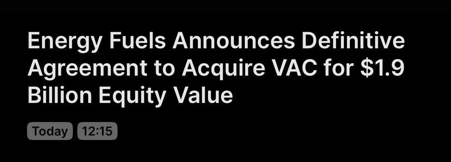 topsecretstocks's tweet photo. Big News 🚨 by $UUUU

Energy Fuels Announces Definitive Agreement to Acquire VAC for $1.9 Billion Equity Value 👇

Acquisition creates unique, fully integrated mine-to-magnet rare earth platform

• Positions the Combined Company to Capitalize on Surging Demand for Rare Earth Magnets across North America and Europe
• >$2 Billion Annual Permanent Magnet Potential Customer Pipeline Revenue Across Auto, Defense, Robotics, and Data Center Sectors
• Expected to be Immediately Accretive to Energy Fuels' Cash Flow and Margin Profile
• Links VAC's Established Permanent Magnet Business with Energy Fuels' Growing Rare Earth Mining, Processing and Refining Platform
• Company is Pursuing Various Funding Opportunities, including Government Programs, to Complement its Growth Strategy, and Recently Announced a $725 Million Conditional Loan from U.S. Office of Strategic Capital 👇