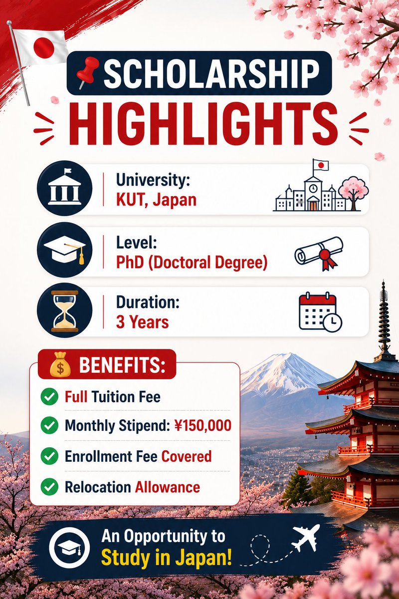 naveenhanda1966's tweet photo. 🇯🇵 Fully Funded PhD Scholarship in Japan!

Kochi University of Technology (KUT) has opened applications for its SSP 2027.

PhD |  International Students

💰 Full Tuition + ¥150,000/month stipend
🗓️ Deadline: 16 Oct 2026
⚠️ Only for PhD applicants.
🔗 https://t.co/aaX6OFZlfo https://t.co/bvwxlIgxNf