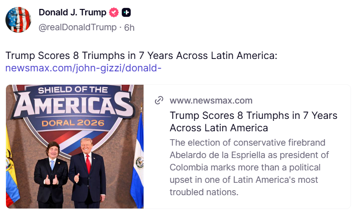 GuntherEagleman's tweet photo. 🚨 TRUMP DOMINATING LATIN AMERICA: 8 Major Triumphs in 7 Years! 

From conservative wins to turning the tide against socialism and chaos, President Trump’s influence is reshaping the region for the better.

America First foreign policy working, stronger alliances, pushing back on radicals, and delivering real results.

The left’s globalist disasters are being reversed.
Trump is winning bigly, everywhere.