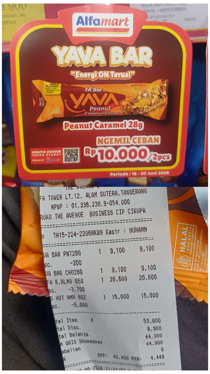geerje's tweet photo. Mampir @alfamart ada promo snack Yava bar 2 pcs 10rebu. Pas bayar nggak perhatiin harga. Sampai rumah lihat struk lho kok nggak diskon, besoknya balik alfa lagi tanya kok nggak diskon dijawab oh itu harus belanja 30 rebu dulu... yaelah mbok kalau bikin promo yang jelas lah... https://t.co/re3VVO5lCF