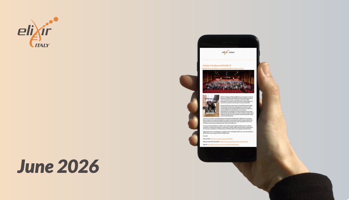 elixir_it's tweet photo. 📬 Read the ELIXIR-IT June 2026 Newsletter!

Discover the latest news from the ELIXIR community, including highlights from ELIXIR All Hands 2026 in Lyon.

Read the newsletter:
https://t.co/OuRk07GzpK

#ELIXIR #ELIXIRItaly #Bioinformatics #LifeSciences #OpenScience https://t.co/bwaMfgVYFx
