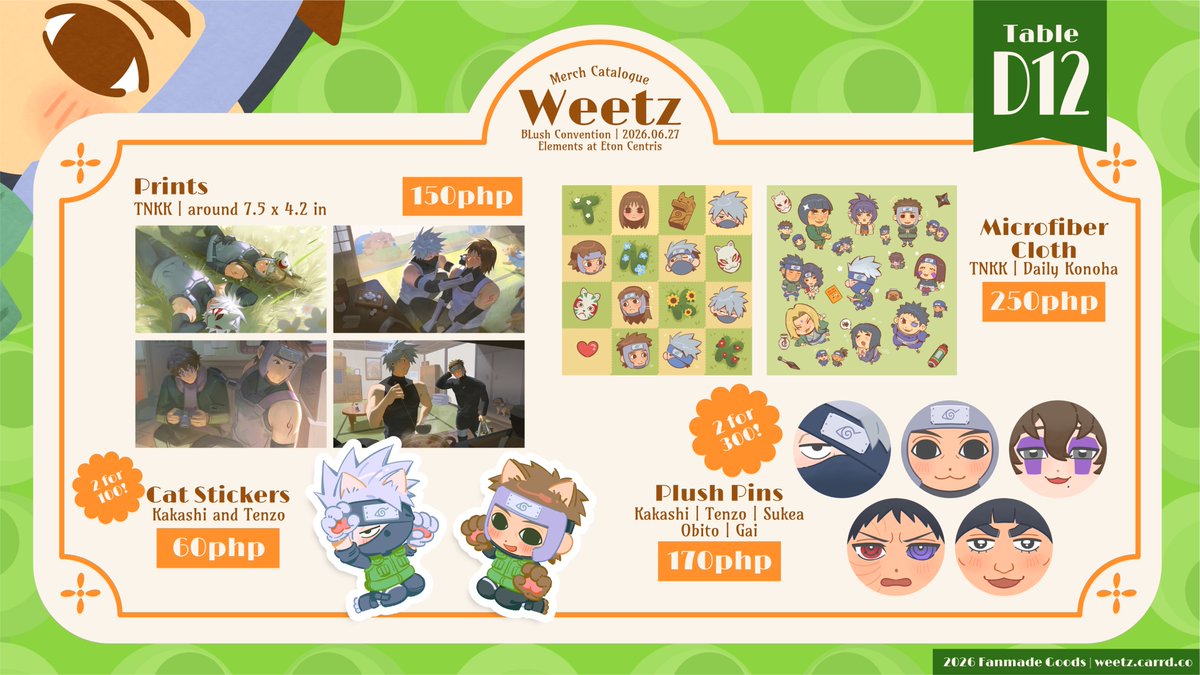 hofutofu's tweet photo. [RT💚]
Ill be at table D12 on #BLushCon2026 this Saturday! I have Kakashi and Tenzo and Kakashi and Tenzo and Kakashi and Tenzo and Orufrey (+ some items from previous catalog)

See you there! 🌳🌳🌳 https://t.co/hR0L504Ixa